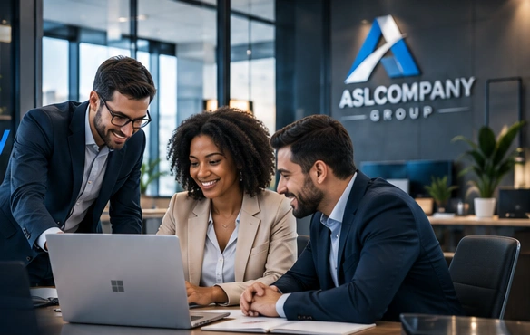 Technology consultants collaborating around a laptop